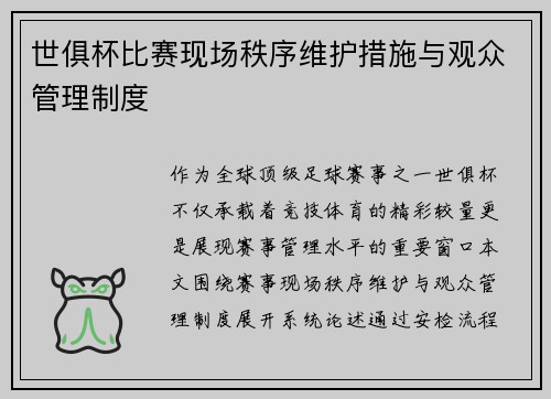 世俱杯比赛现场秩序维护措施与观众管理制度